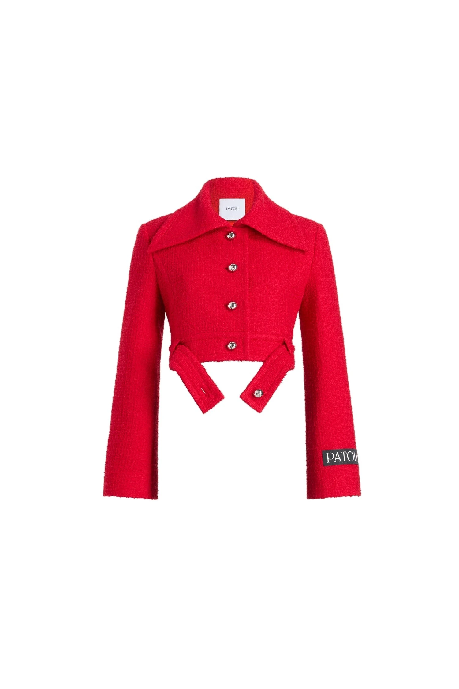 Patou Belted cropped jacket in Scarlet Red sustainable wool blend tweed | Jackets | Luxury Shoes Patou Belted cropped jacket in Scarlet Red sustainable wool blend tweed