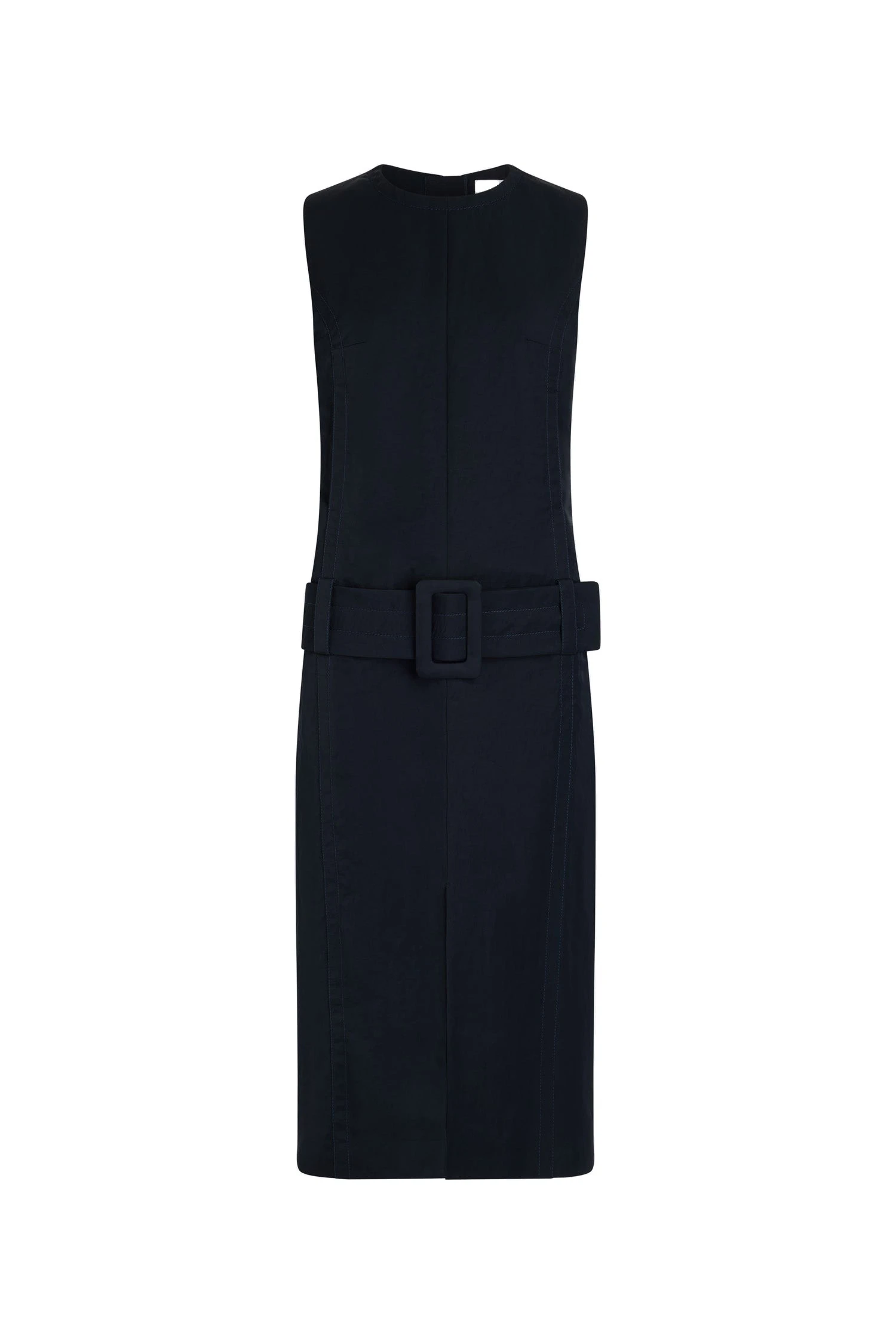 Patou Belted midi dress in Navy Black lightweight recycled nylon | Dresses | Luxury Shoes Patou Belted midi dress in Navy Black lightweight recycled nylon