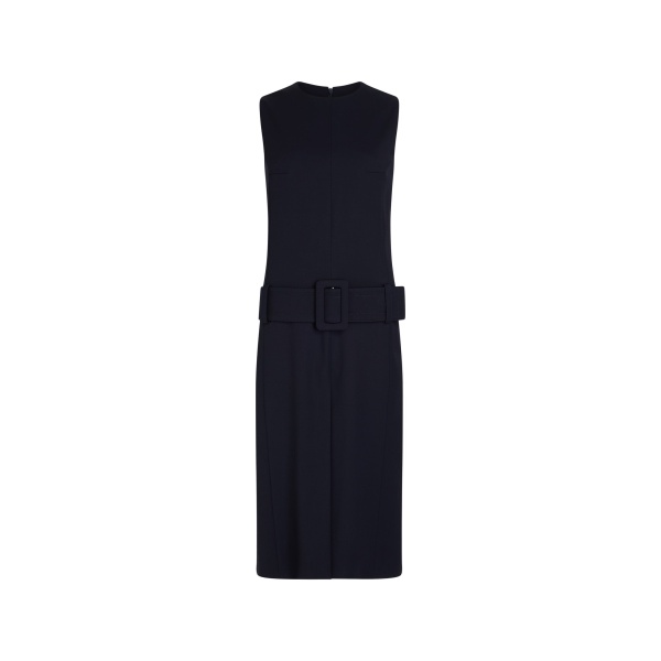 Patou Belted midi dress in Navy Black sustainable technical wool twill
