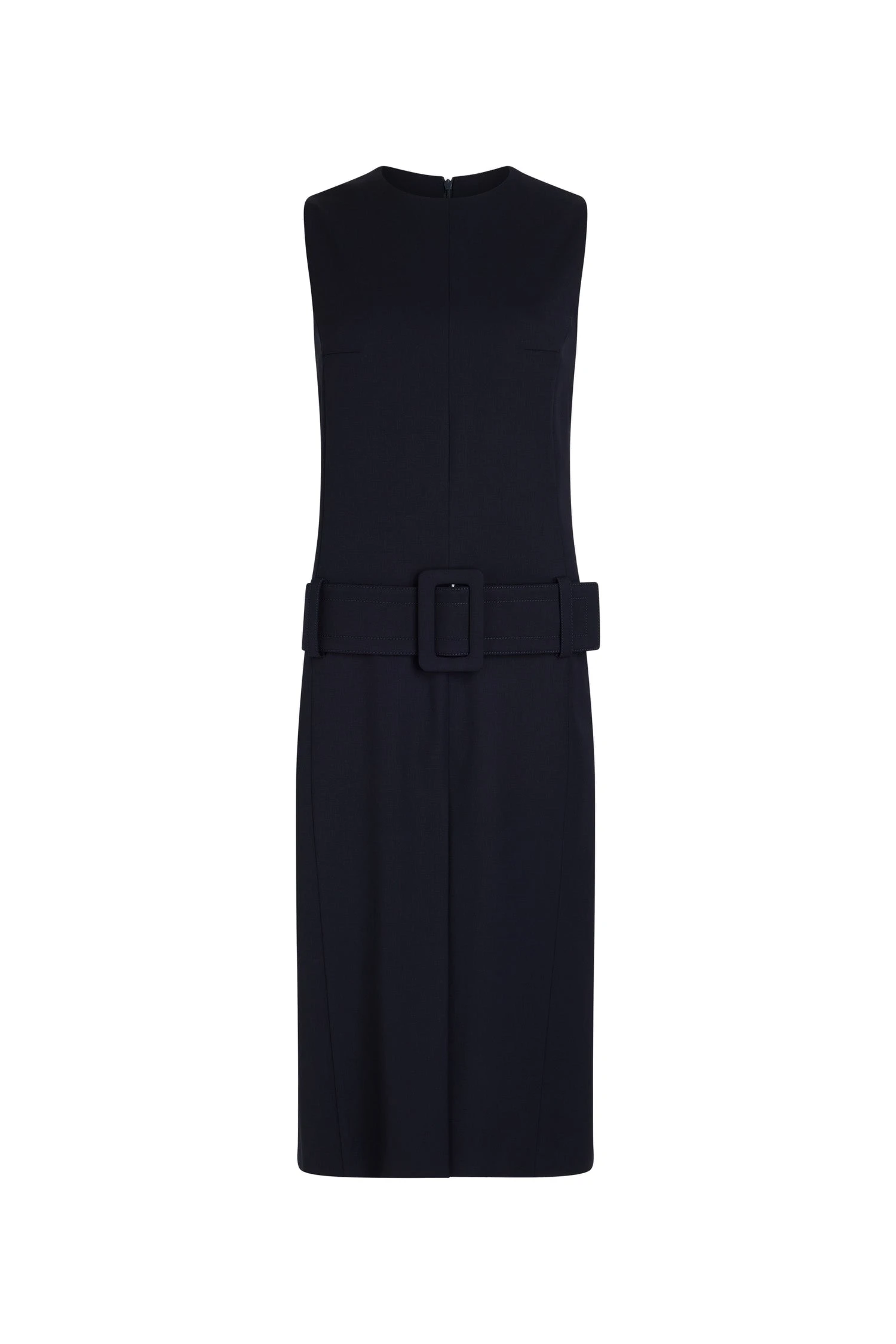 Patou Belted midi dress in Navy Black sustainable technical wool twill | Dresses | Luxury Shoes Patou Belted midi dress in Navy Black sustainable technical wool twill