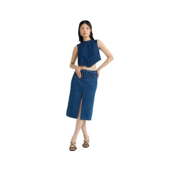Belted midi skirt in Ink Blue cotton denim - Image 2
