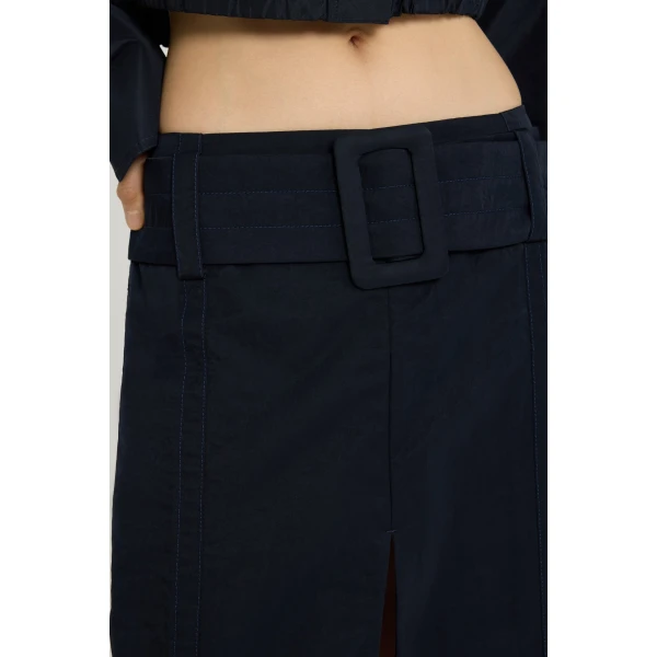 Belted midi skirt in Navy Black lightweight recycled nylon - Image 4