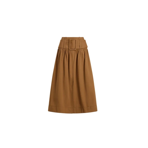 Belted midi skirt in Nutmeg organic cotton gabardine
