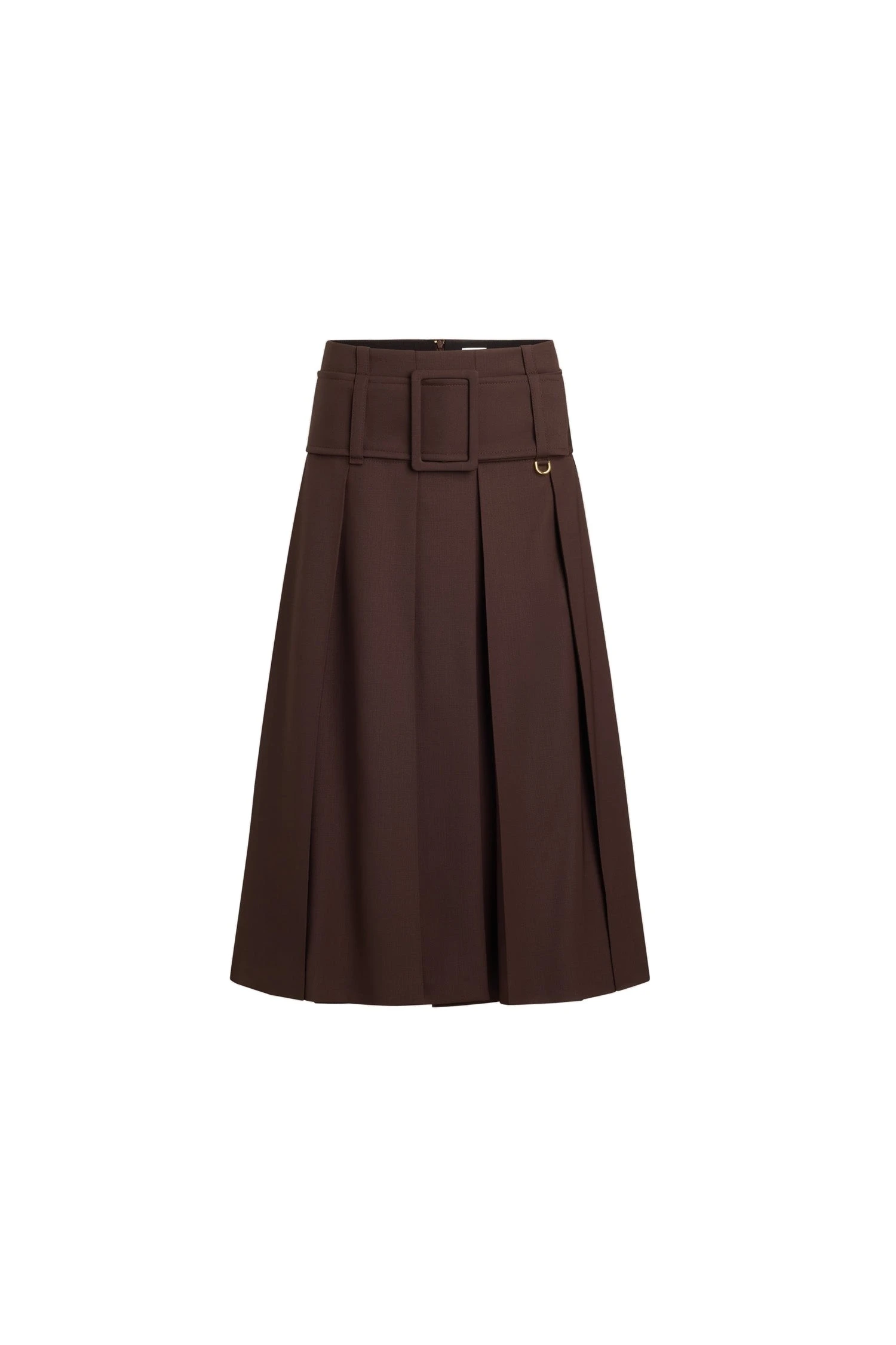Patou Belted midi skirt in Smoked Ebony sustainable technical wool | Skirts | Luxury Shoes Patou Belted midi skirt in Smoked Ebony sustainable technical wool