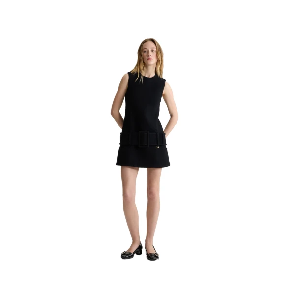 Belted mini dress in Black boiled wool - Image 2