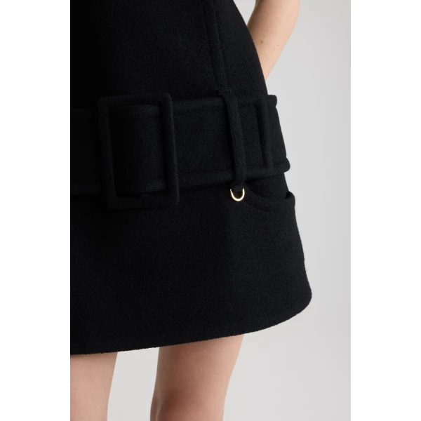Belted mini dress in Black boiled wool - Image 4