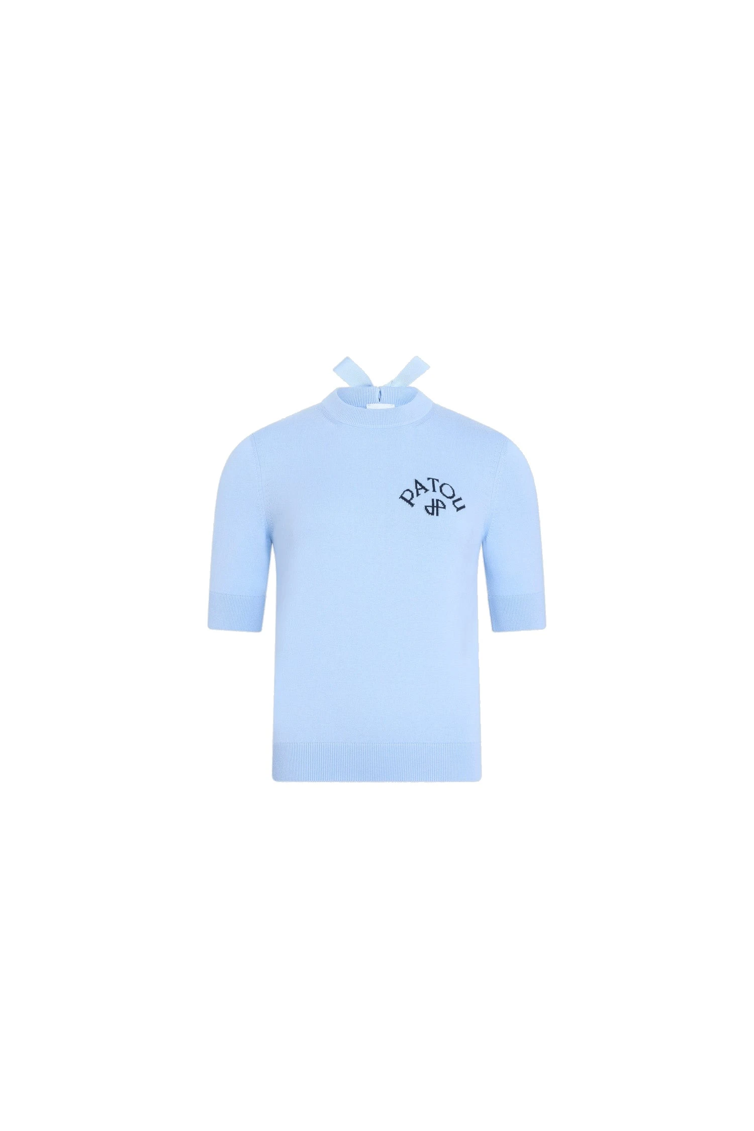 Patou Blended cotton short sleeve sweater in Riviera Blue | Knitwear | Luxury Shoes Patou Blended cotton short sleeve sweater in Riviera Blue