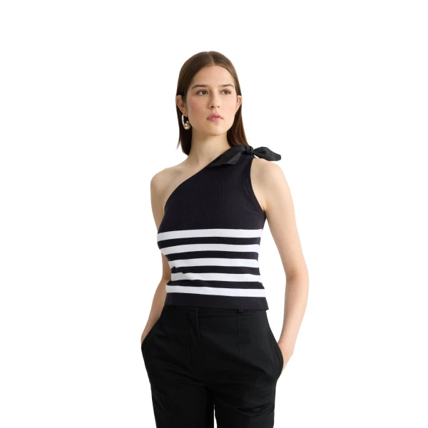 Blended cotton striped asymmetric top in Offshore Stripes - Image 4