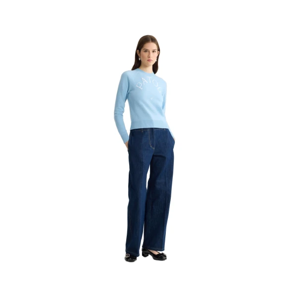 Blended wool long sleeve jacquard sweater in Riviera Blue - Image 2