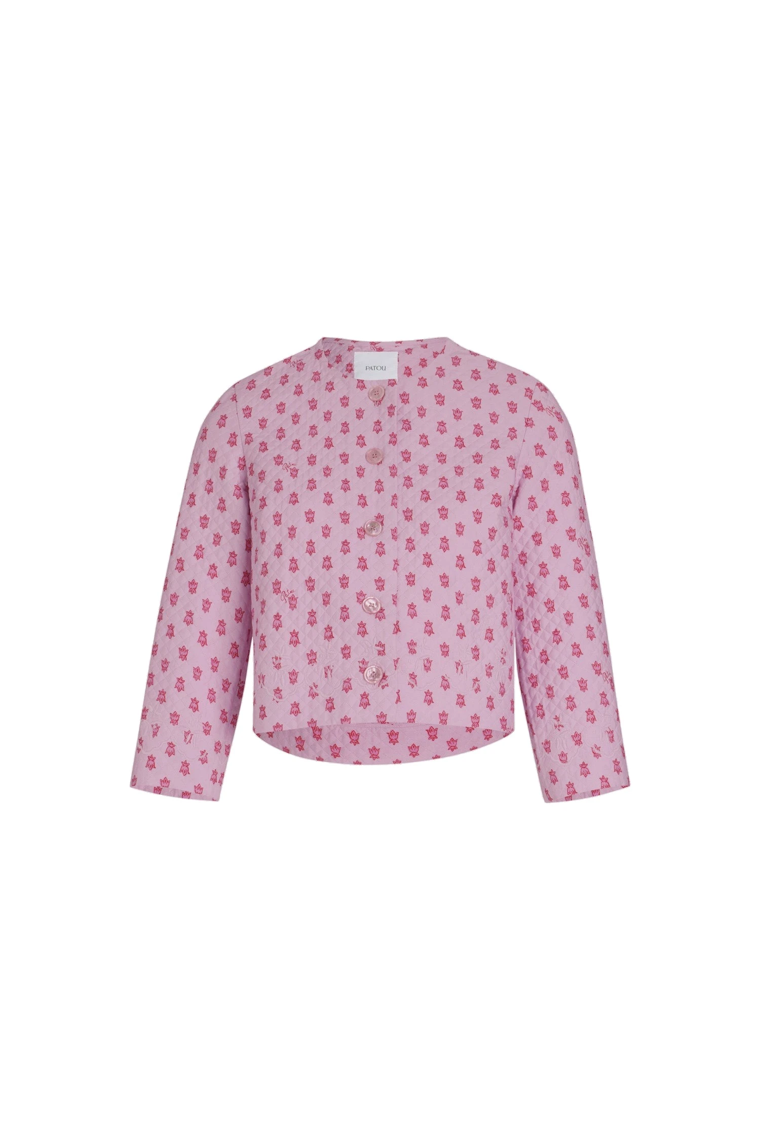 Patou Boxy collarless jacket in printed quilted sustainable | Luxury Shoes Patou Boxy collarless jacket in Small Provence Pink printed quilted sustainable viscose blend