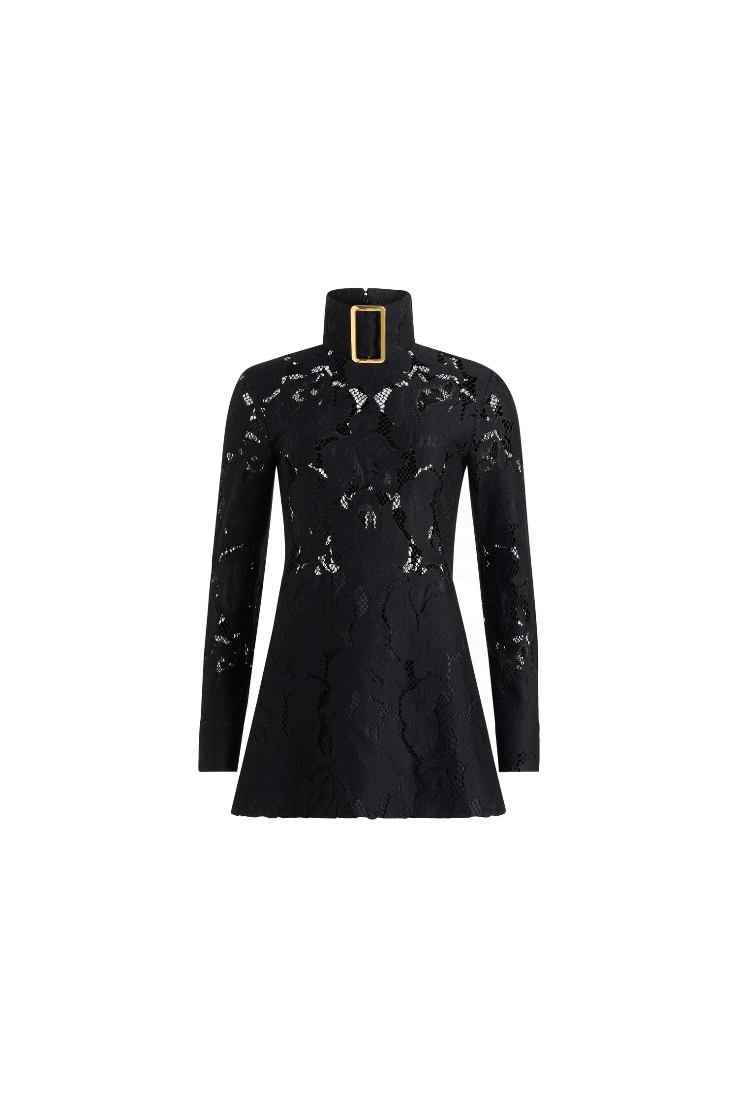 Patou Buckle collar mini dress in Black organic cotton blend lace | Dresses | Luxury Shoes Patou Buckle collar mini dress in Black organic cotton blend lace