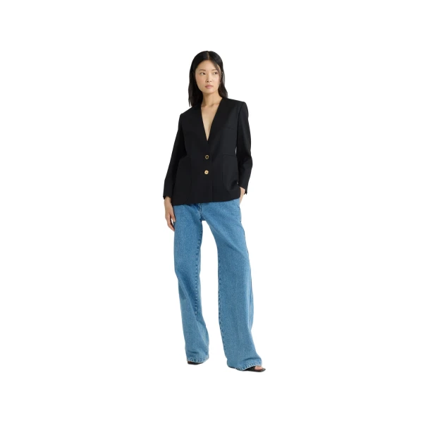 Collarless jacket in Black sustainable technical wool twill - Image 2