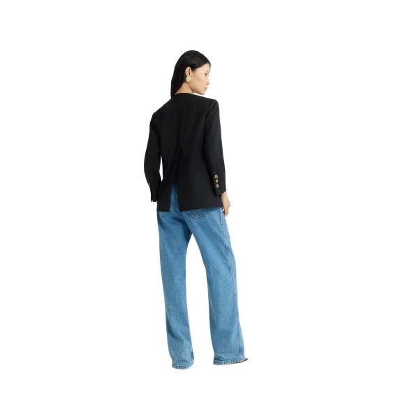 Collarless jacket in Black sustainable technical wool twill - Image 3