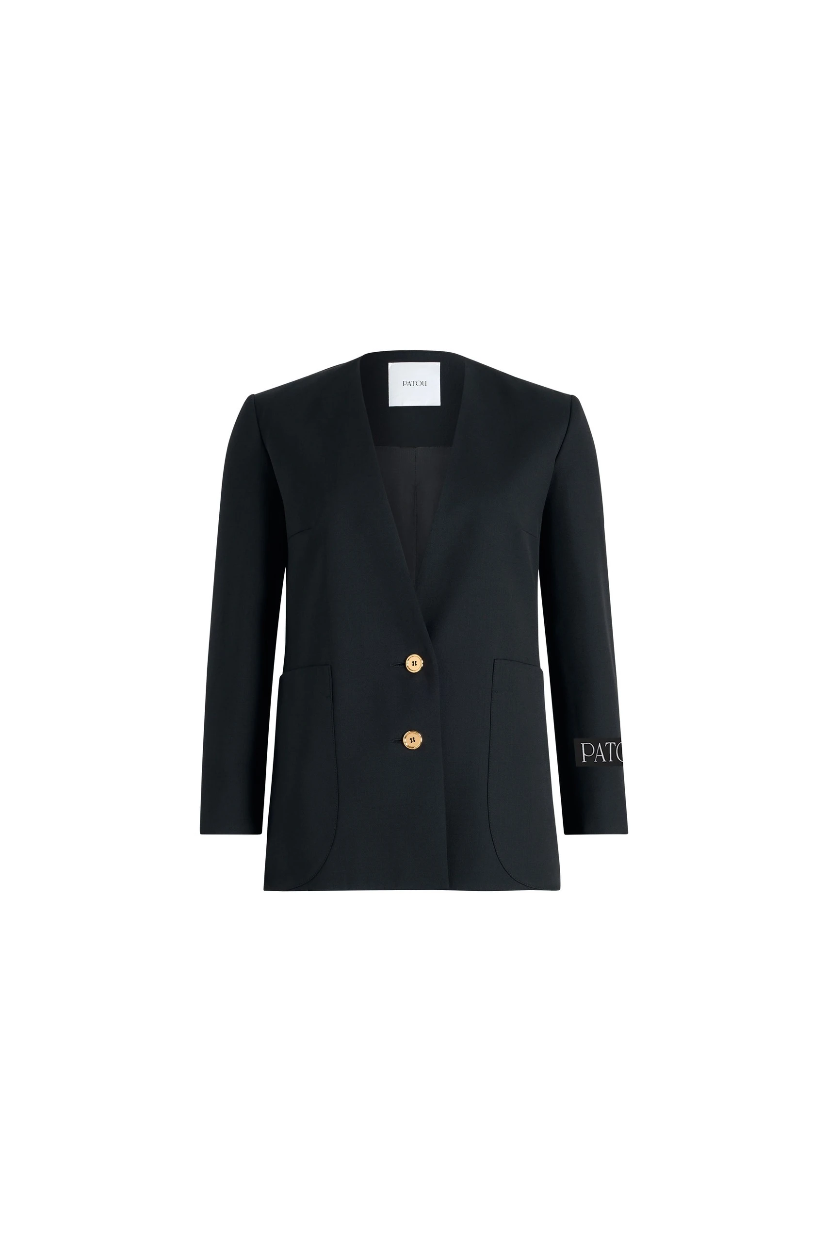 Patou Collarless jacket in sustainable technical wool twill | Luxury Shoes Patou Collarless jacket in Black sustainable technical wool twill