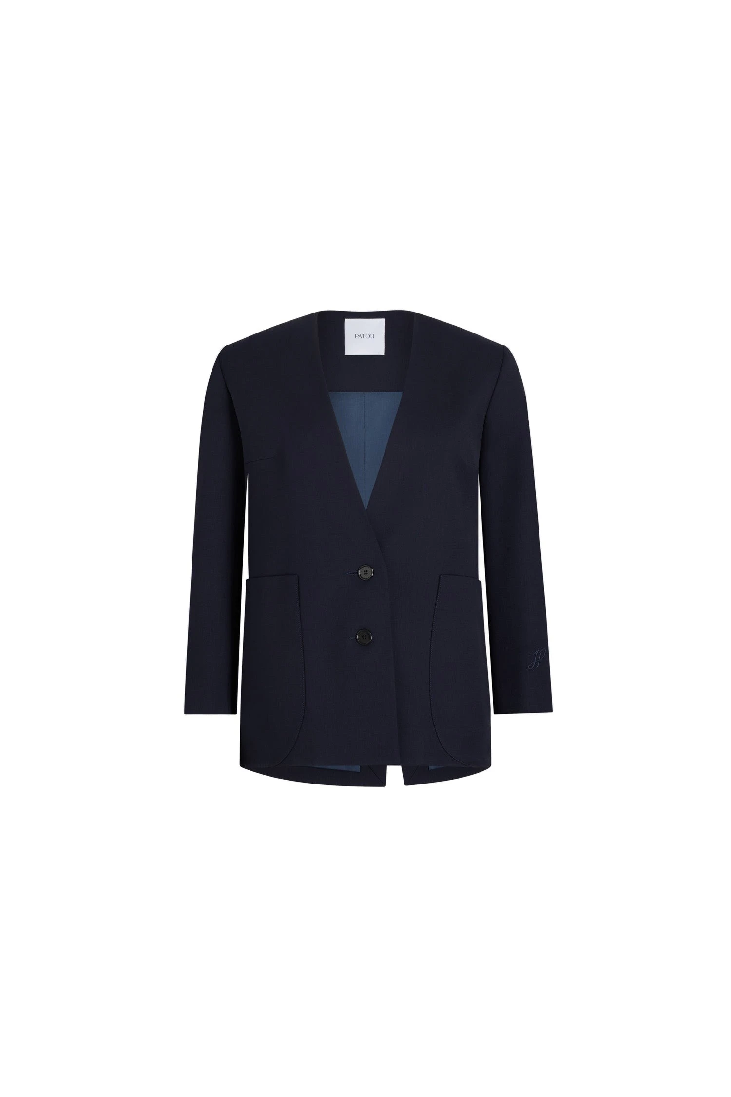 Patou Collarless jacket in sustainable technical wool twill | Luxury Shoes Patou Collarless jacket in Navy Black sustainable technical wool twill