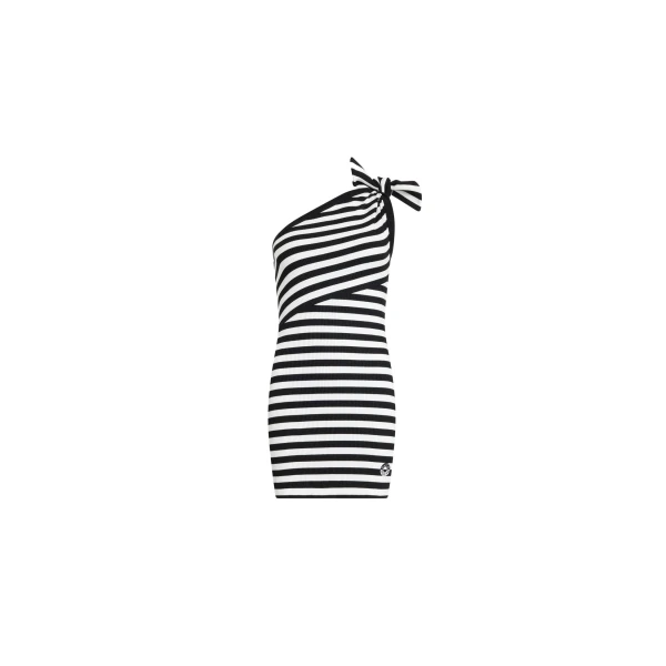 Patou Cotton ribbed striped asymmetric short dress in Black White Stripes