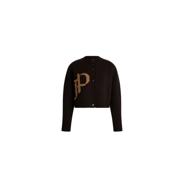 Patou Cropped monogram cardigan in Winter Mocha wool and cashmere