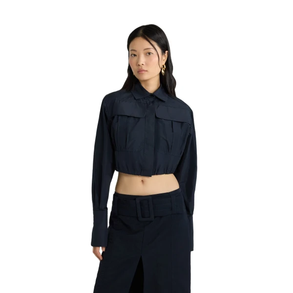 Cropped safari shirt in Navy Black recycled faille - Image 4