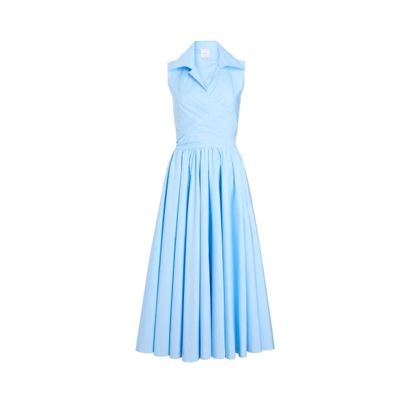 Draped organic cotton midi dress in Riviera Blue