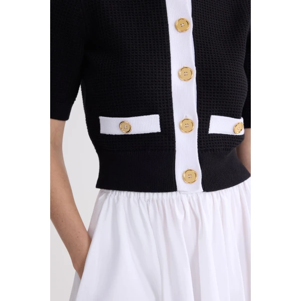 Eco-friendly cotton blend collarless textured cardigan in Black - Image 4