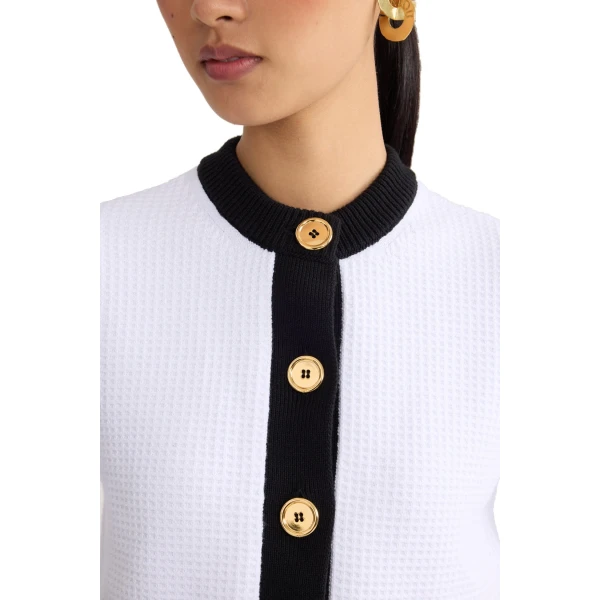 Eco-friendly cotton blend collarless textured cardigan in White - Image 4