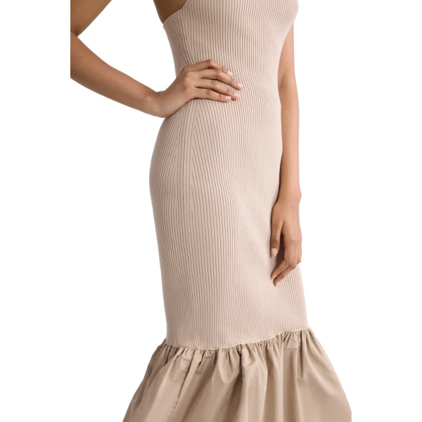 Eco-friendly cotton blend long dress with recycled faille details in Dune - Image 4