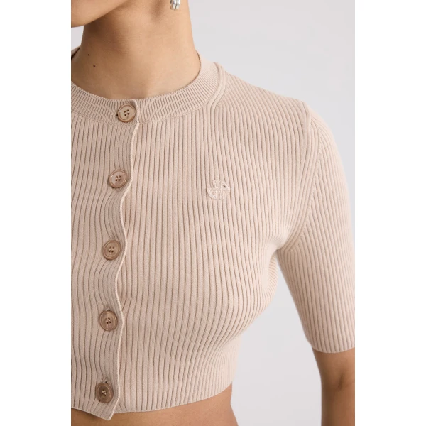 Eco-friendly cotton blend ribbed short cardigan in Dune - Image 4