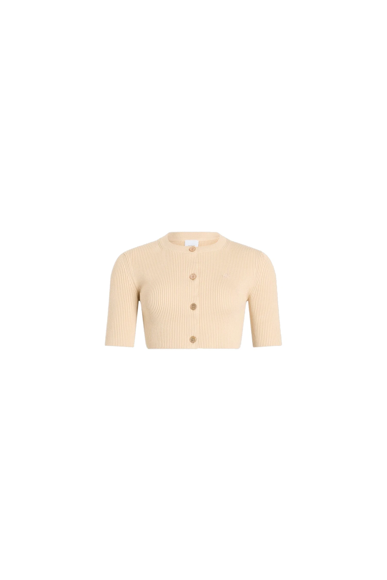 Patou Eco-friendly cotton blend ribbed short cardigan in Dune | Knitwear | Luxury Shoes Patou Eco-friendly cotton blend ribbed short cardigan in Dune