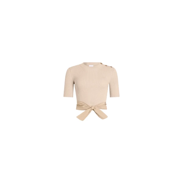 Eco-friendly cotton blend t-shirt with recycled faille tie detail in Dune