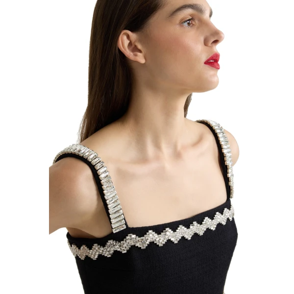 Embellished mini dress in Black cotton tweed - Image 4