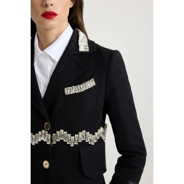 Embellished summer coat in Black cotton tweed - Image 4