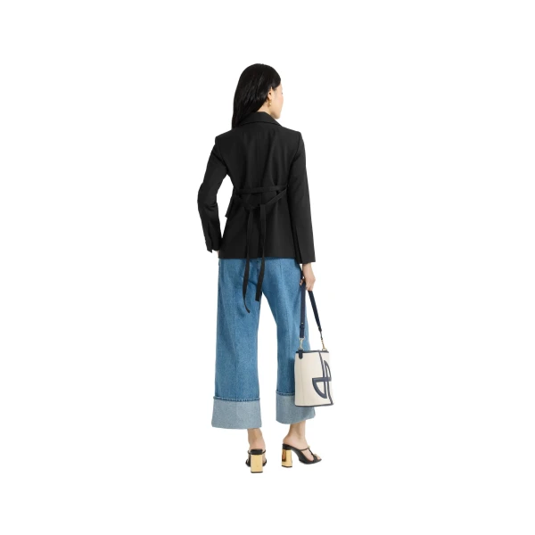 Fitted belted jacket in Black sustainable technical wool twill - Image 3