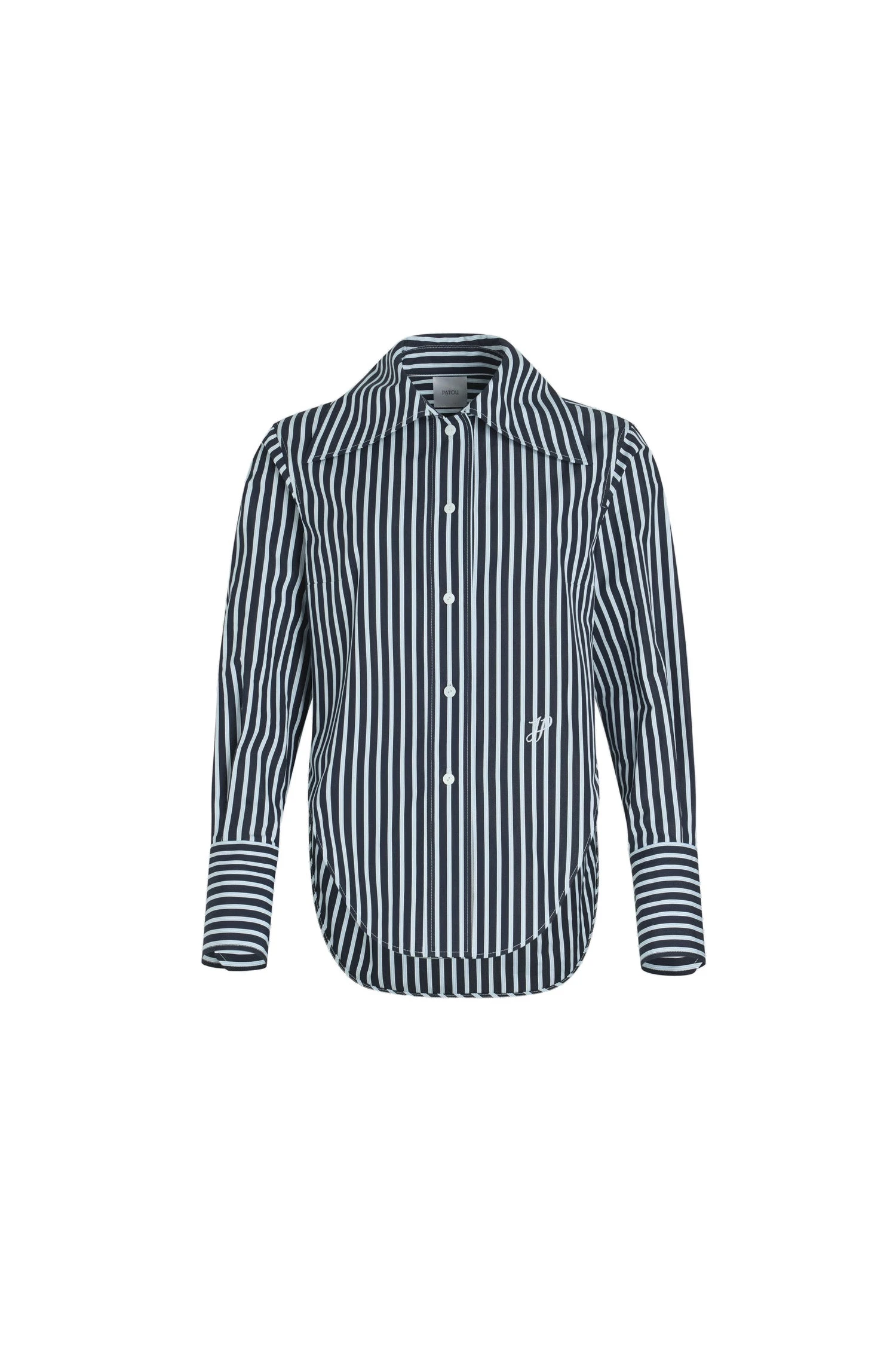 Patou Fitted shirt in Navy Stripes printed organic cotton poplin | Tops | Luxury Shoes Patou Fitted shirt in Navy Stripes printed organic cotton poplin