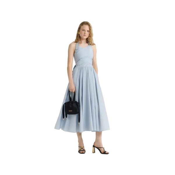 Halterneck maxi dress in Pearl Blue recycled faille - Image 2