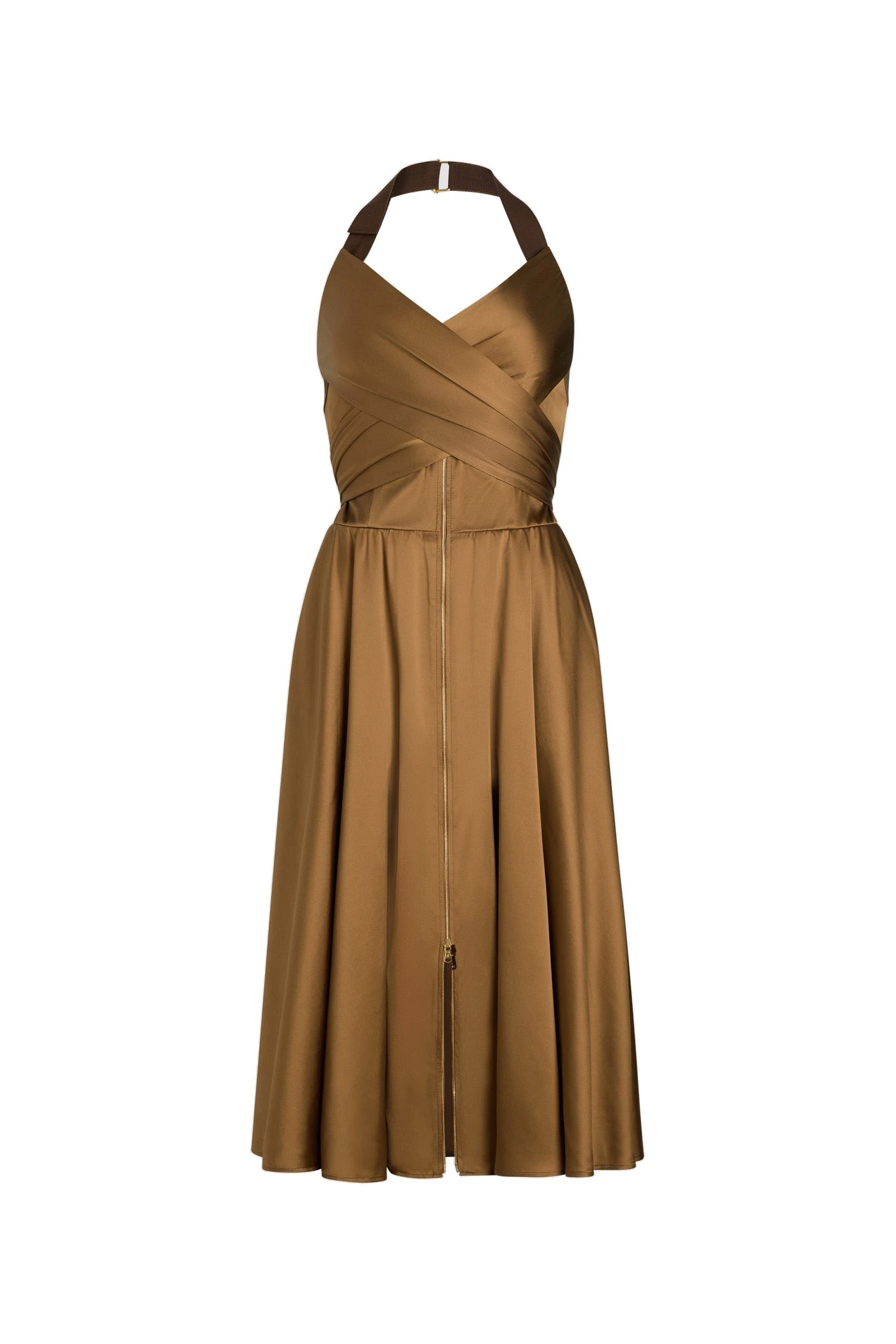 Patou Halterneck midi dress in Tobacco satin | Dresses | Luxury Shoes Patou Halterneck midi dress in Tobacco satin