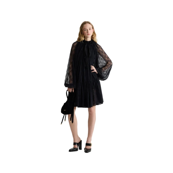 Iconic drawstring mini dress in Black lace jersey - Image 2