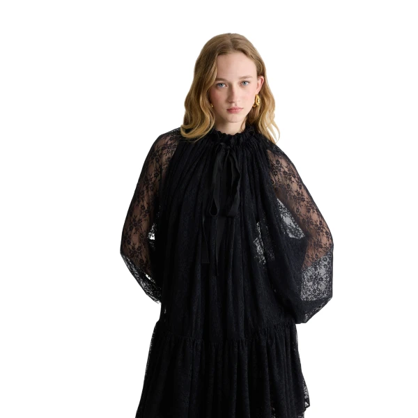 Iconic drawstring mini dress in Black lace jersey - Image 4