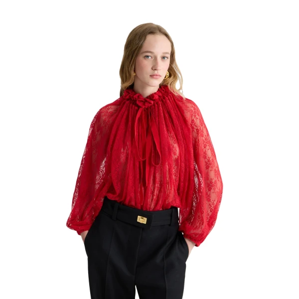 Iconic drawstring top in Babylone Red lace jersey - Image 5