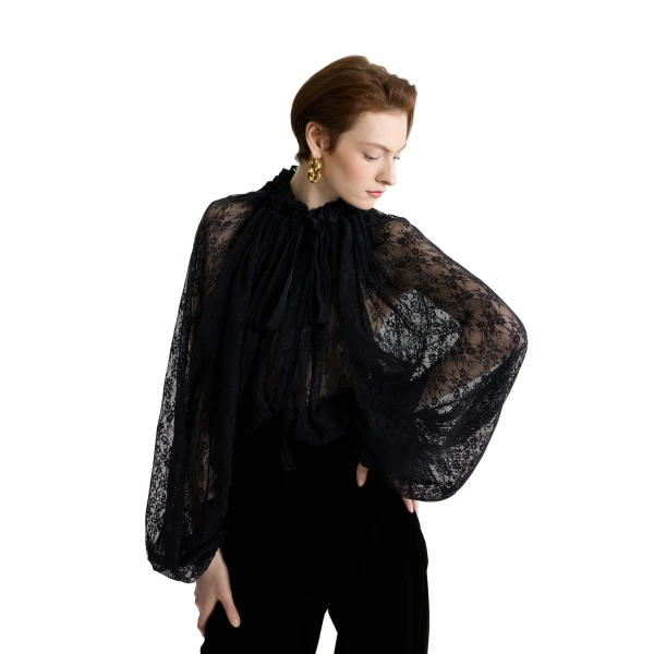 Iconic drawstring top in Black lace jersey - Image 4