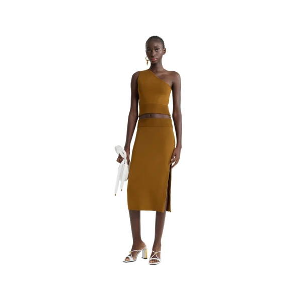 Knit midi pencil skirt in Caramel technical crepe - Image 3