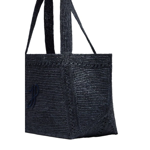 Large JP monogram trapeze tote in Navy Black raffia - Image 2