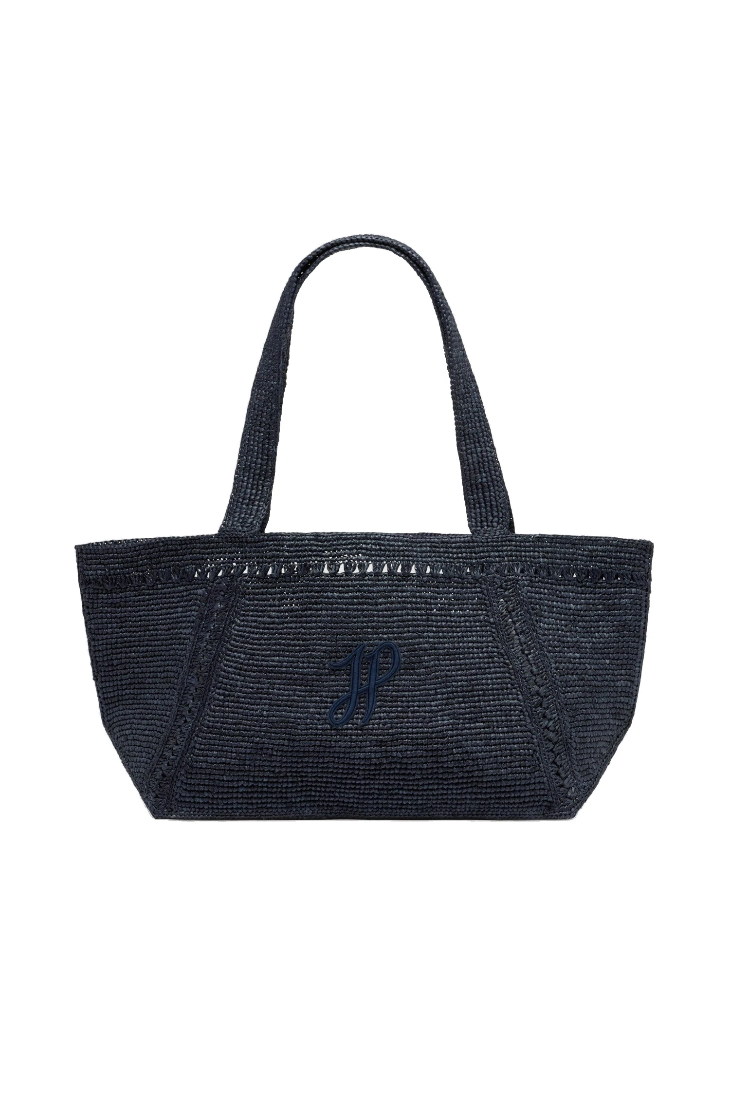 Patou Large JP monogram trapeze tote in raffia | Luxury Shoes Patou Large JP monogram trapeze tote in Navy Black raffia
