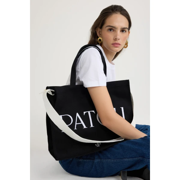 Large Patou tote in Black cotton canvas - Image 4