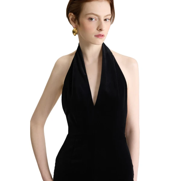 Long backless dress in Black blended organic cotton velvet - Image 4