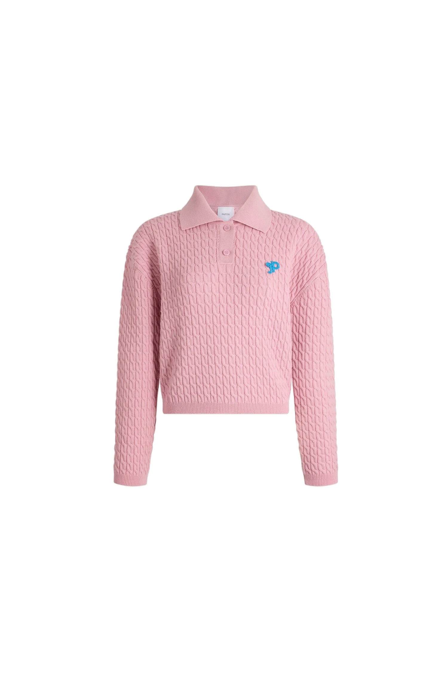 Patou Long-sleeve twisted polo in Heather Pink wool and cashmere | Knitwear | Luxury Shoes Patou Long-sleeve twisted polo in Heather Pink wool and cashmere