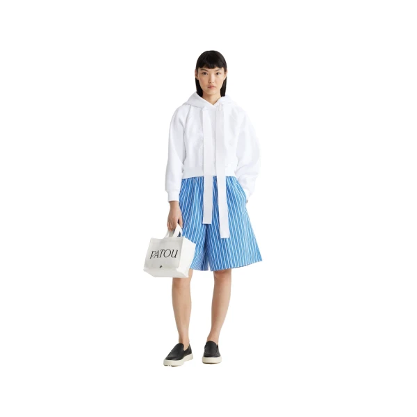Longline shorts in Victoria Blue Stripes printed sustainable cotton - Image 2