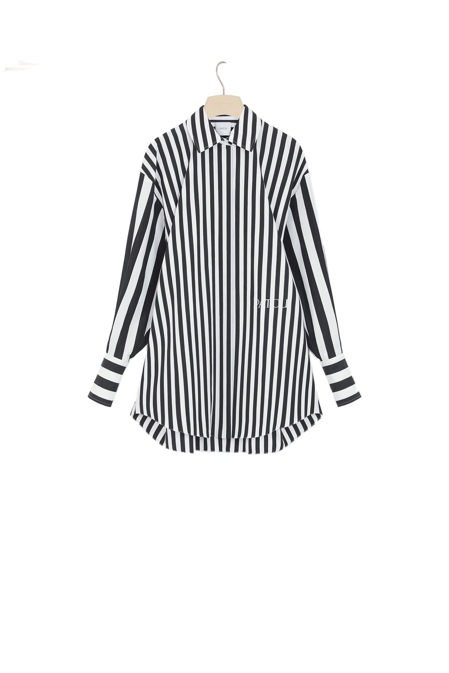 Patou Mini shirt dress in Mix Black Large Stripes printed cotton | Dresses | Luxury Shoes Patou Mini shirt dress in Mix Black Large Stripes printed cotton