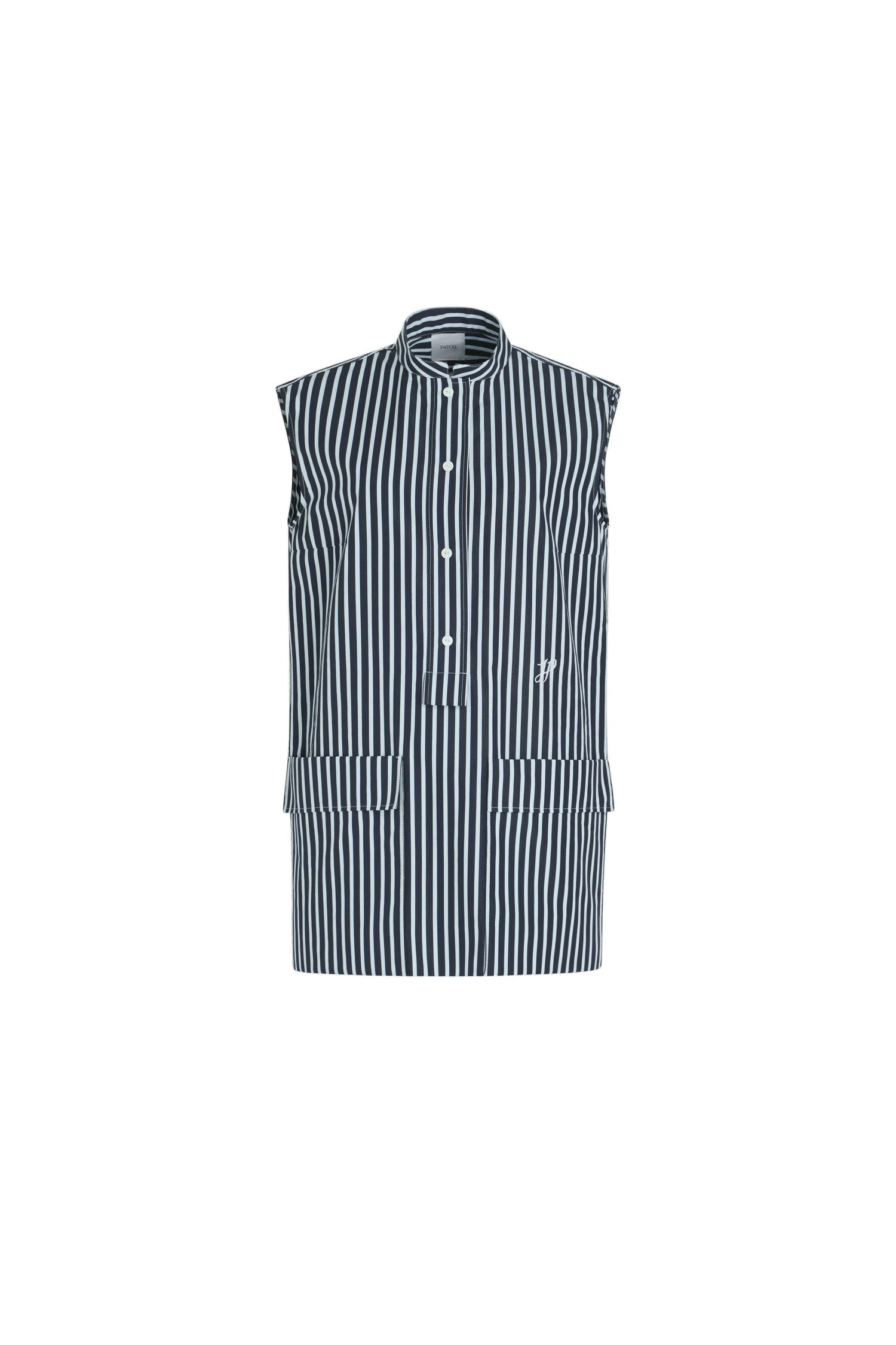 Patou Mini shirt dress in Navy Stripes printed organic cotton poplin | Dresses | Luxury Shoes Patou Mini shirt dress in Navy Stripes printed organic cotton poplin
