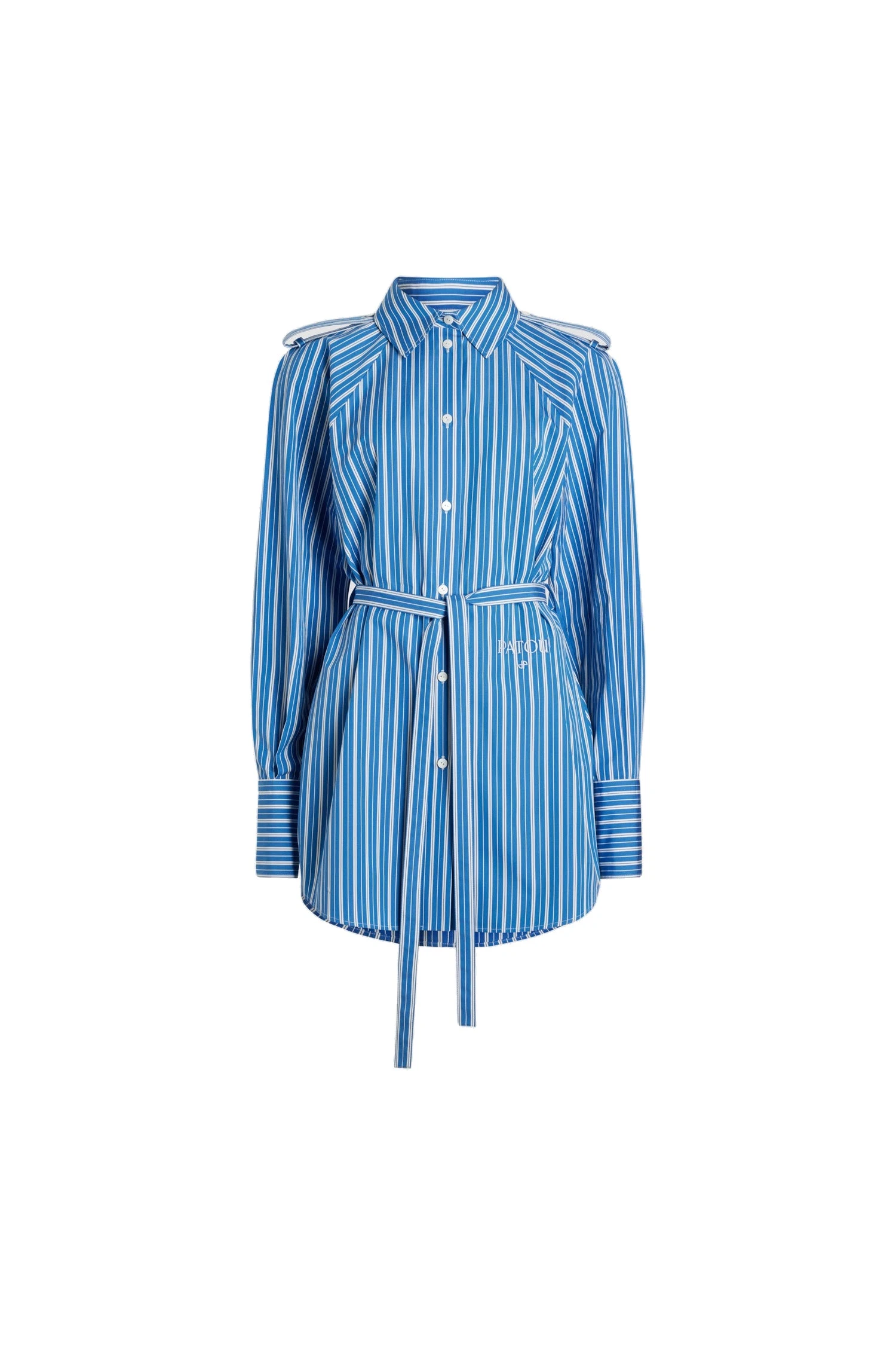 Patou Mini shirt dress in printed sustainable cotton | Luxury Shoes Patou Mini shirt dress in Victoria Blue Stripes printed sustainable cotton