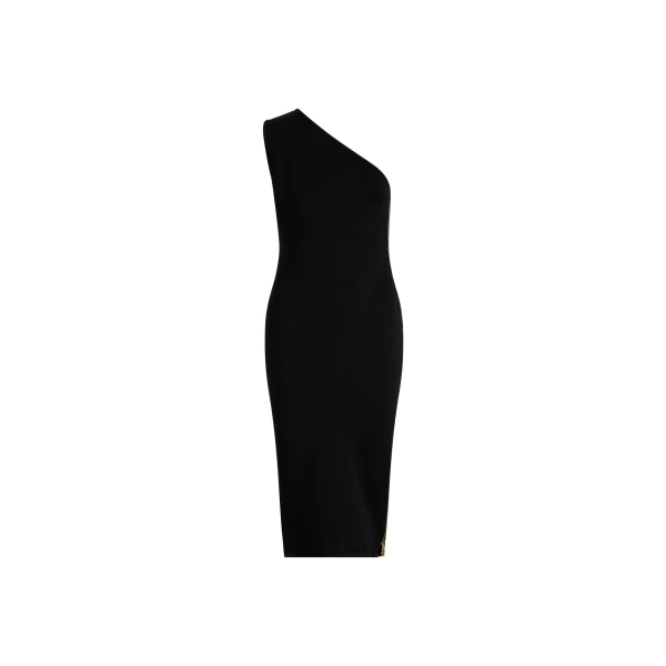 One-shoulder knit midi dress in Black technical crepe